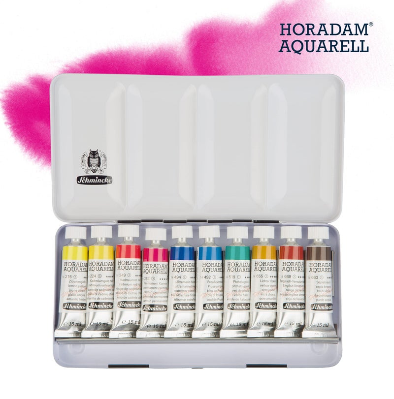 Schmincke - HORADAMÂ® AQUARELL color box, 10 x 15 ml tubes, basic assortment, 74510097, metal box, painting set, finest premium watercolors - Image 3